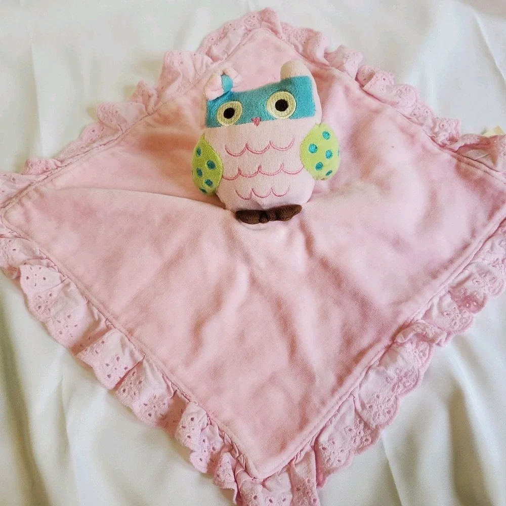 Vintage Babies R Us Pink Owl Plush Security Blanket‎ Lovey Pink Eyelet Trim 14